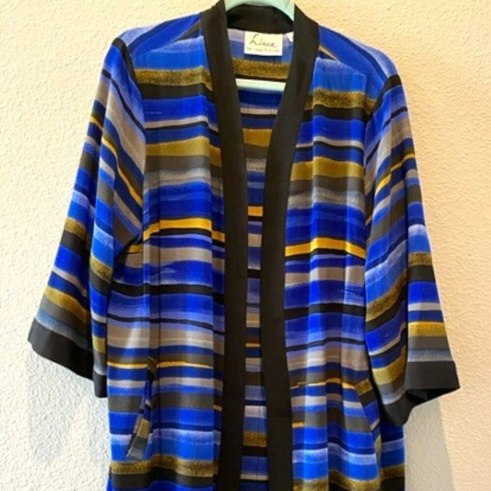 Linea by Louis Dell'Olio Blue Stripe Printed Woven Cardigan Sz L